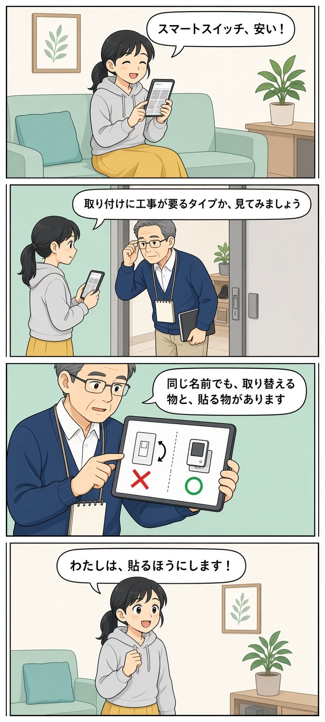 漫画『ひより、うちをつなぐ』「その"スマートスイッチ"、どっち？」
