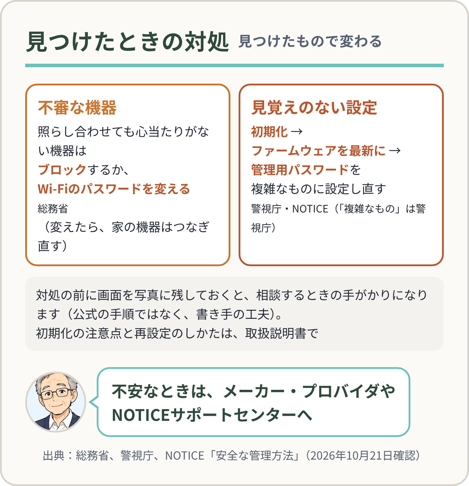 見つけたときの対処は見つけたもので変わる。不審な機器は、ブロックするかWi-Fiのパスワードを変え、家の機器をつなぎ直す(総務省)。見覚えのない設定は、初期化→ファームウェアを最新に→管理用パスワードを設定し直す(警視庁・NOTICE。「複雑なもの」は警視庁)。画面を写真に残すのは書き手の工夫。不安なときはメーカー・プロバイダやNOTICEサポートセンターへ